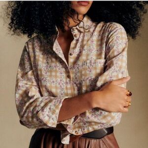 Sezane Special edition Andion, Beige and Brown Gingham Floral Shirt